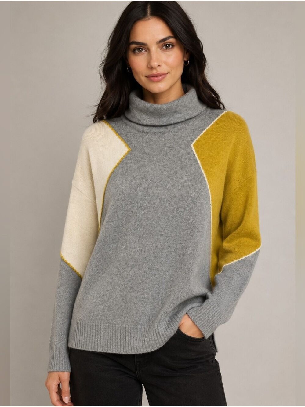 Zaket and Plover Turtleneck Colorblock Sweater - Gray, Mustard & Cream, Size M